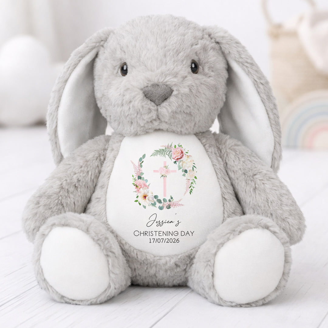 Personalised Pink Floral Wreath Christening Day Rabbit