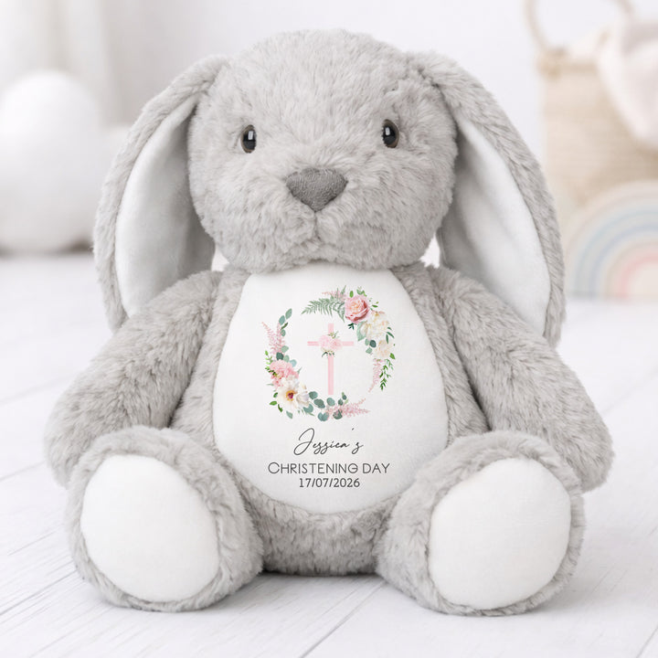 Personalised Pink Floral Wreath Christening Day Rabbit