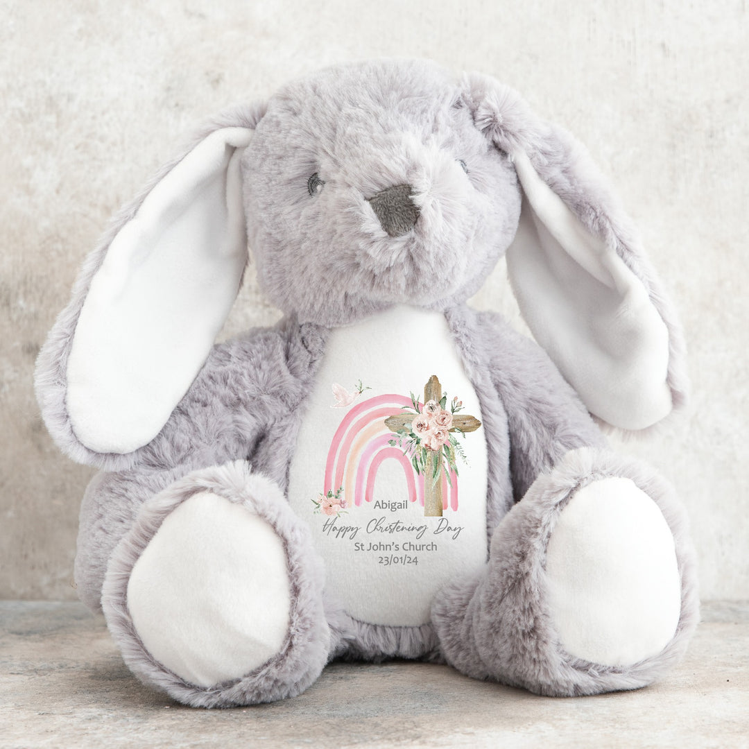Personalised Girls Pink Rainbow Christening Rabbit Bunny/Teddy