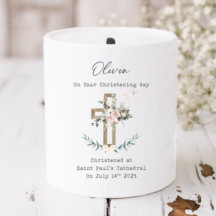 Personalised Pink Christening Day Ceramic Money Box