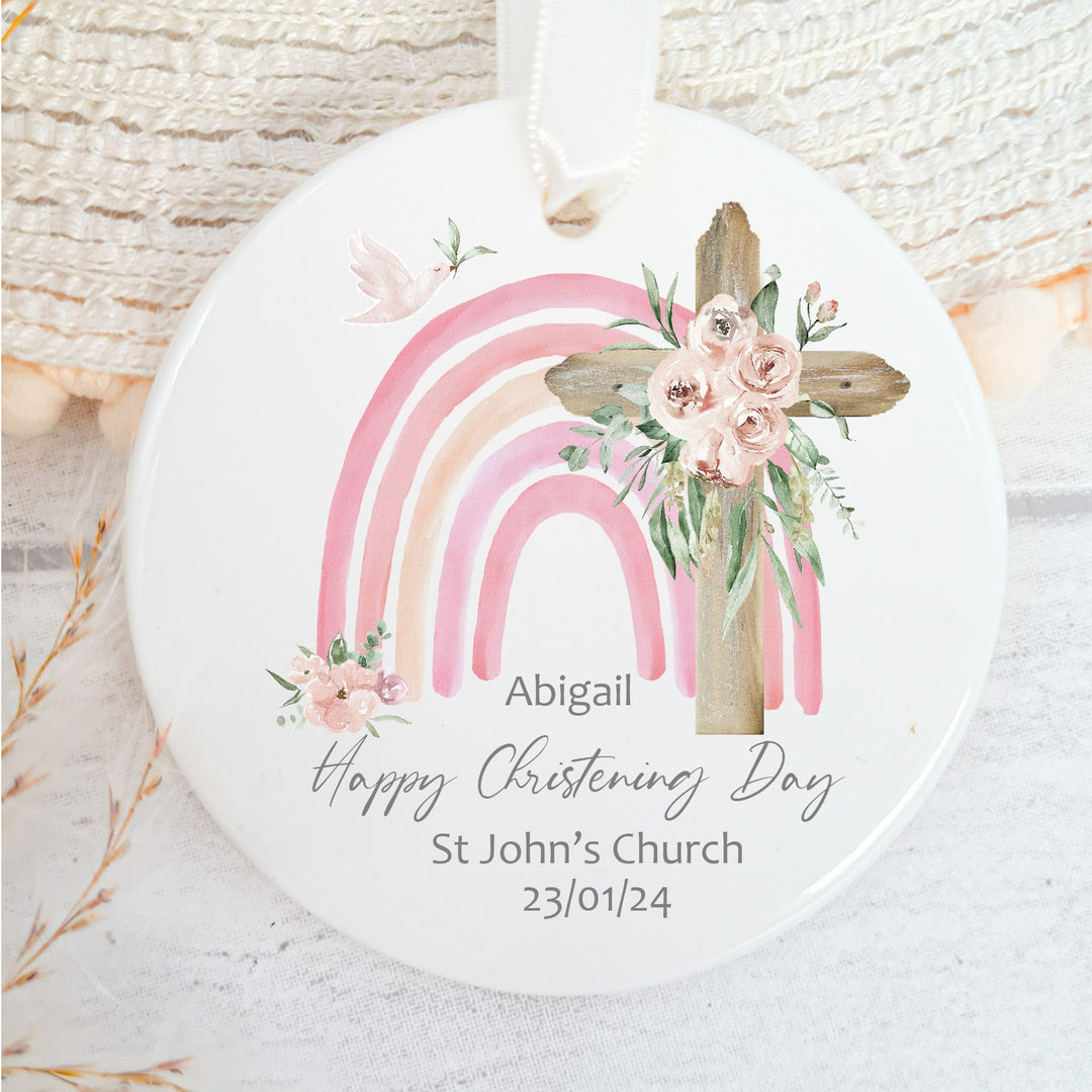 Personalised My Christening Day Pink Rainbow Ceramic Ornament