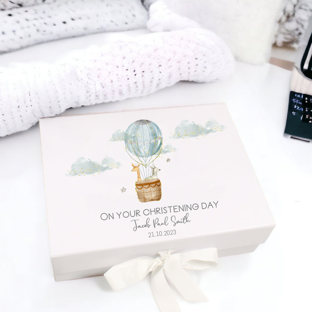 Personalised Blue Hotair Balloon Christening Day Gift Box