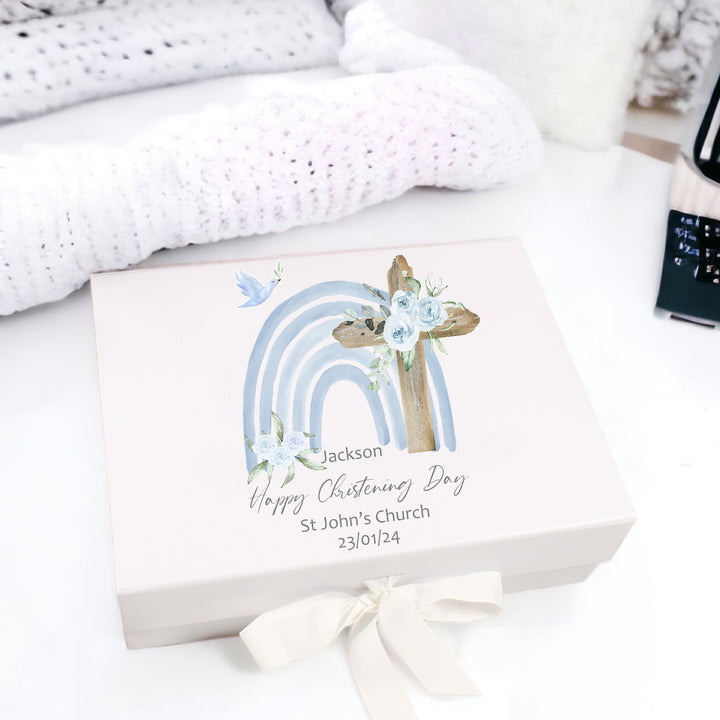 Personalised Blue Rainbow Christening Day Gift Box