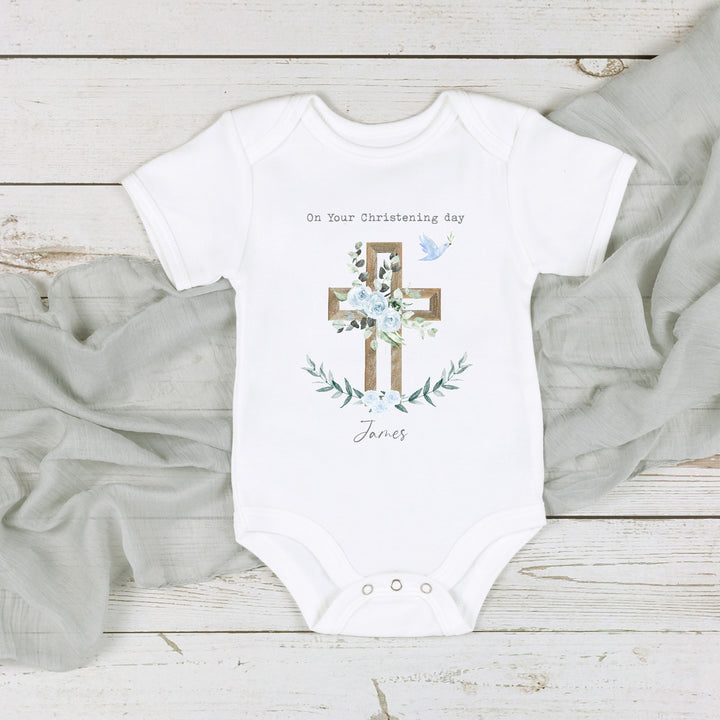 Personalised Blue Boys Christening Babygrow/Vest