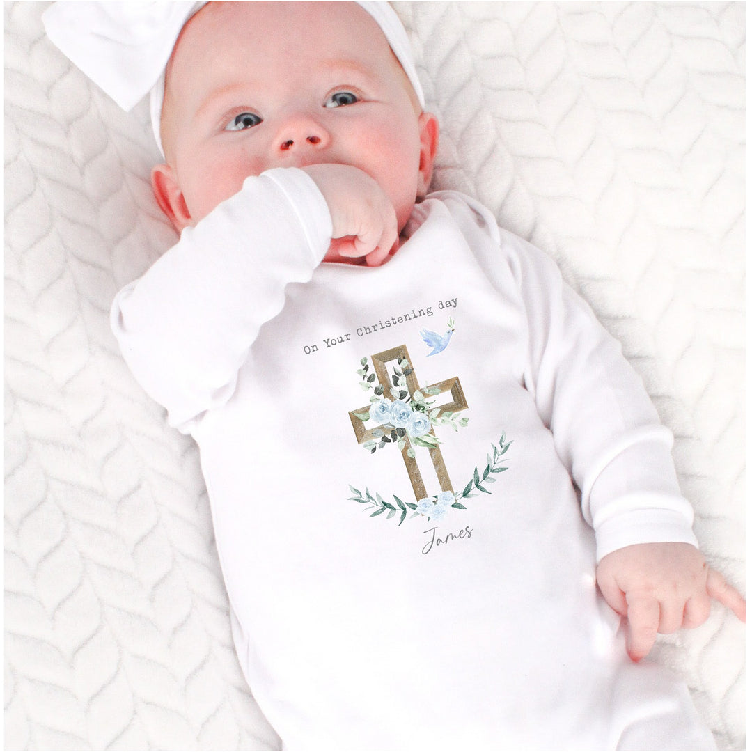 Personalised Blue Boys Christening Babygrow/Vest