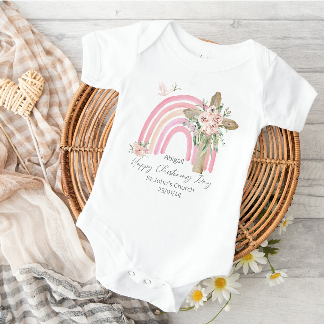 Personalised Pink Rainbow Christening Babygrow/Vest