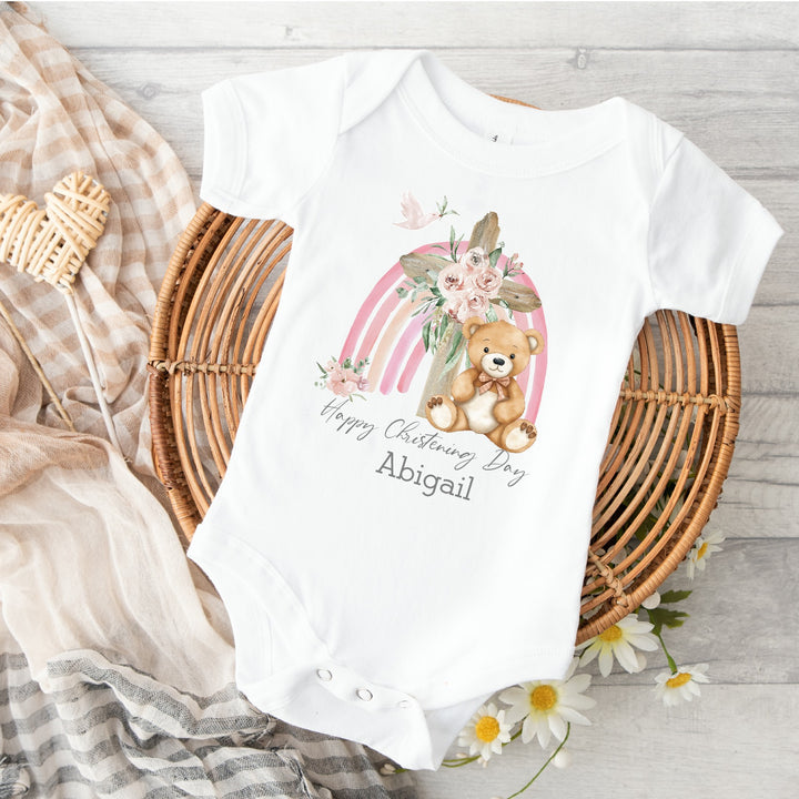 Personalised Pink Rainbow Bear Christening Babygrow/Vest