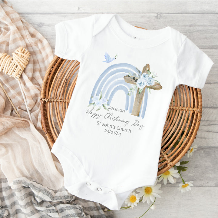 Personalised Blue Rainbow Christening Babygrow/Vest