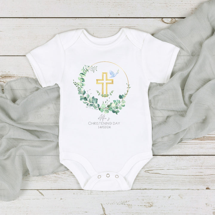 Personalised Green Wreath Christening Babygrow/Vest