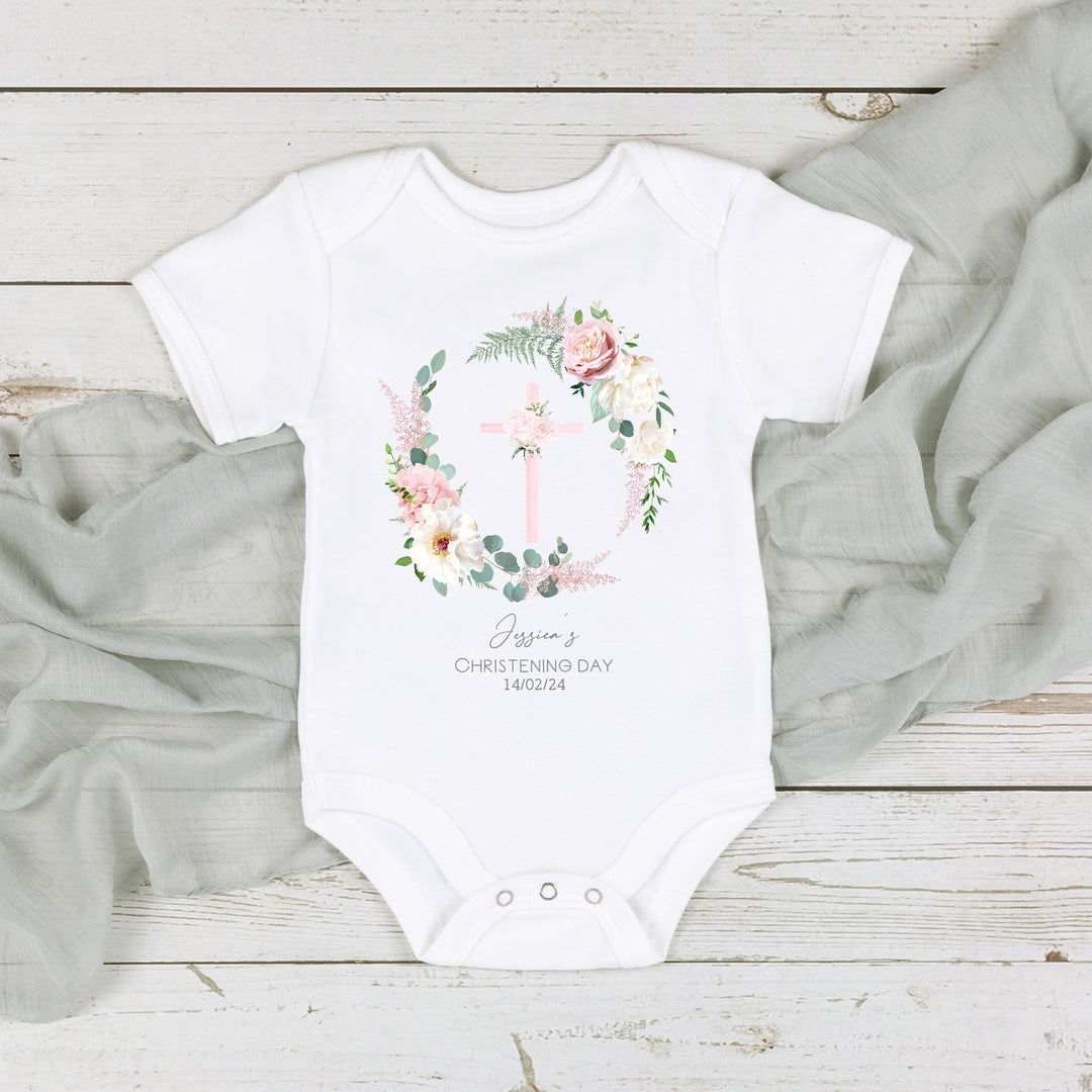 Personalised Floral Wreath Christening Babygrow/Vest