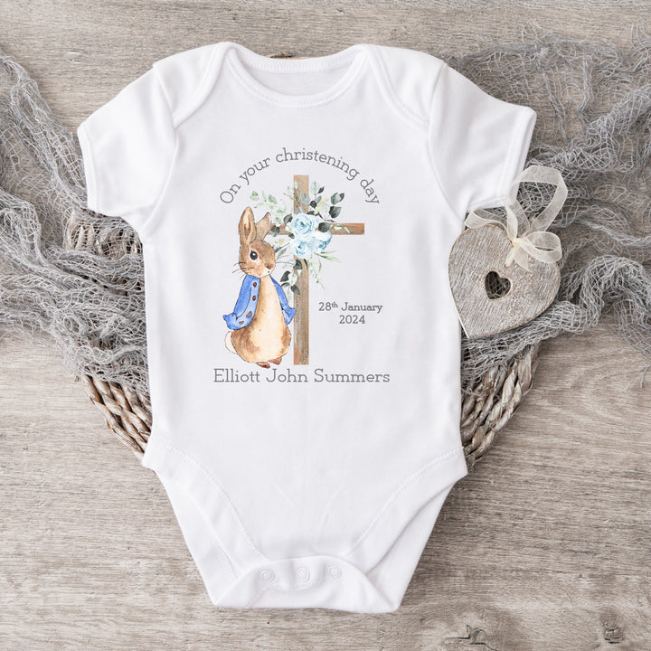 Personalised Blue Rabbit Christening Babygrow/Vest