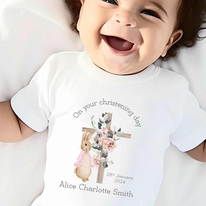 Personalised Light Pink Rabbit Christening Babygrow/Vest