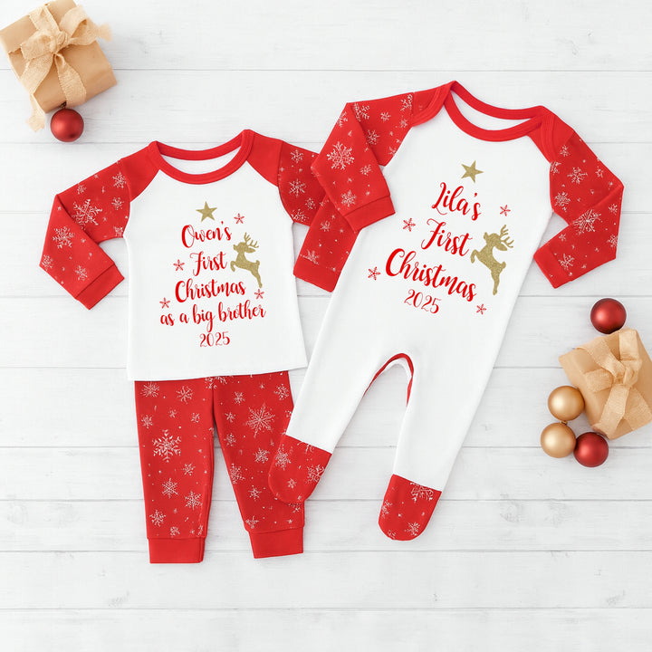 Personalised First Christmas Sibling Matching Snowflake Babygrow/Pyjamas