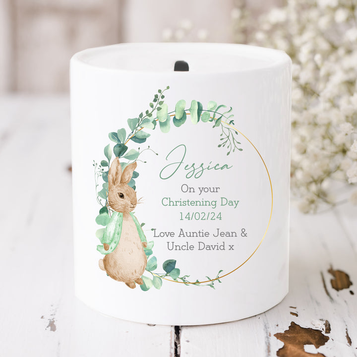 Personalised Green Rabbit Wreath Christening Day Ceramic Money Box