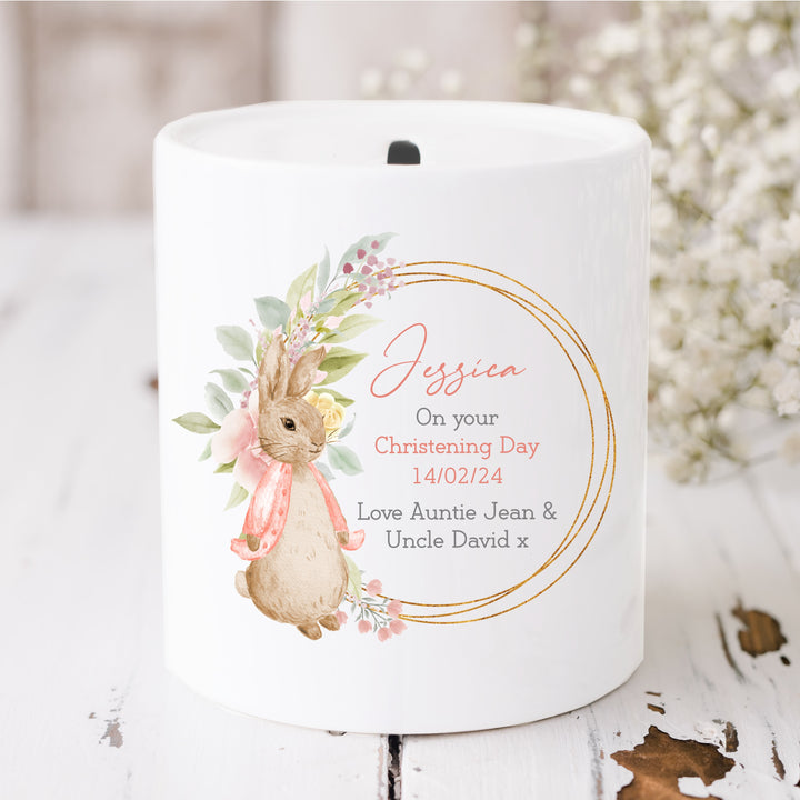 Personalised Pink Rabbit Wreath Christening Day Ceramic Money Box