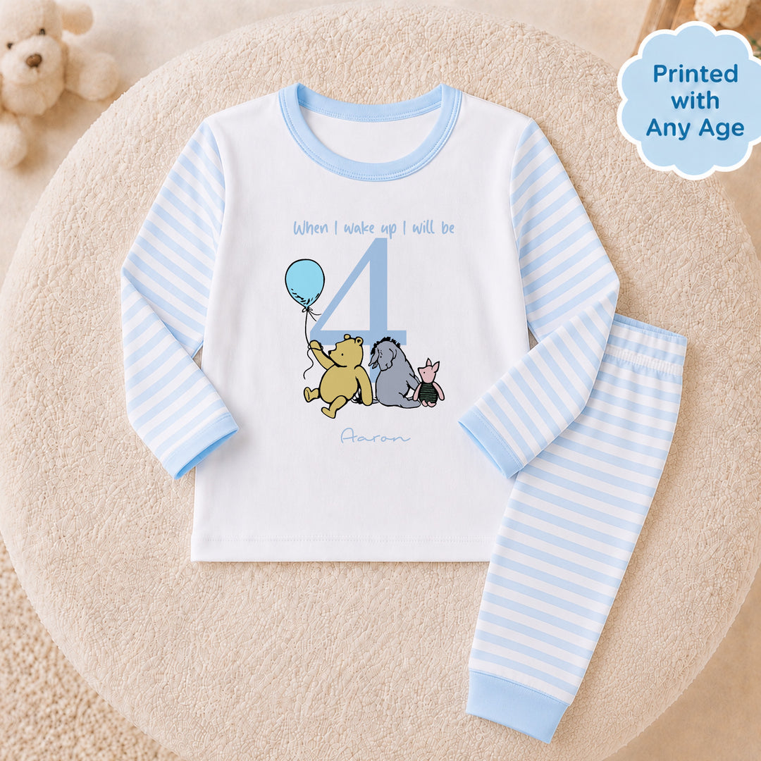 Personalised Blue Pooh Bear Boys Any Age Birthday Pyjamas