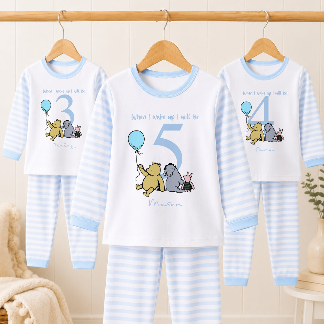 Personalised Blue Pooh Bear Boys Any Age Birthday Pyjamas