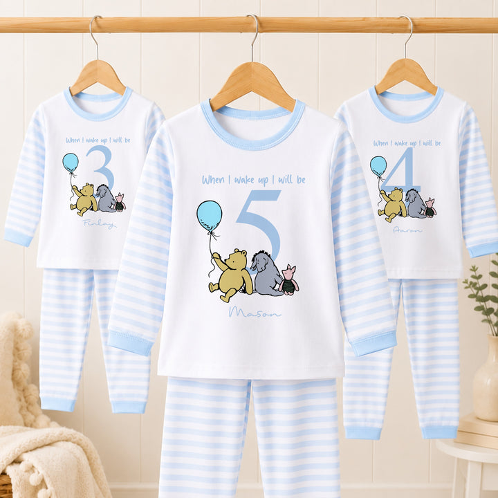 Personalised Blue Pooh Bear Boys Any Age Birthday Pyjamas