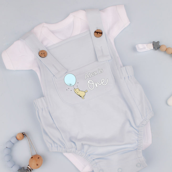 Personalised First Birthday Classic Winnie Pooh Blue Dungarees