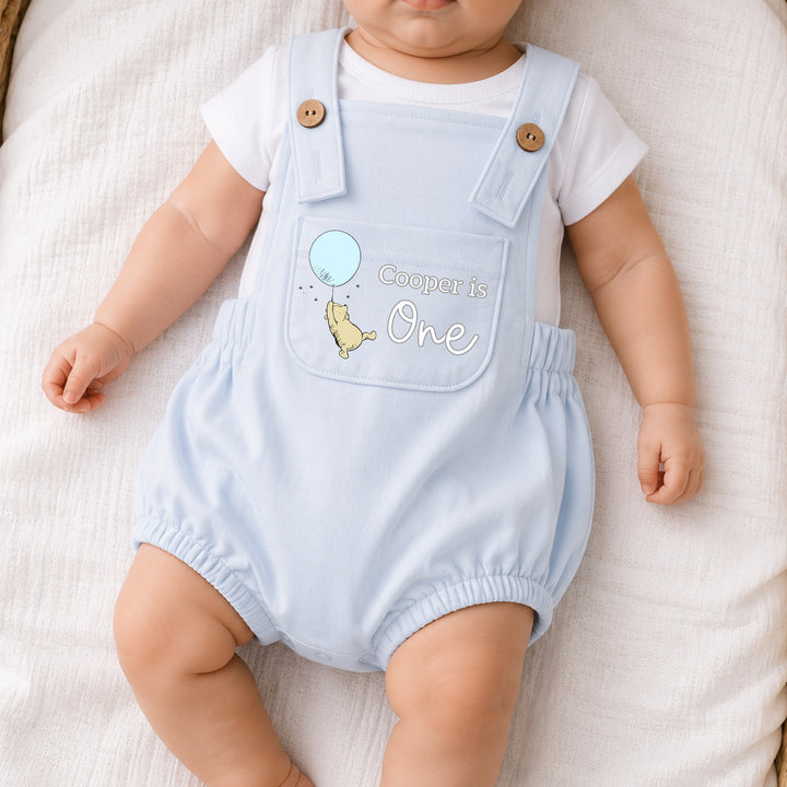 Personalised Blue Pooh Bear First Birthday Dungarees