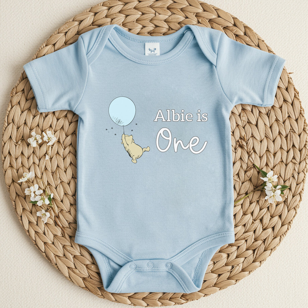 Personalised Pooh Bear Blue Birthday Romper/Vest