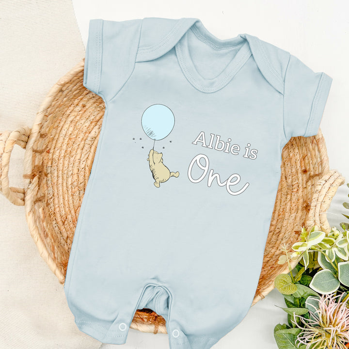 Personalised Pooh Bear Blue Birthday Romper/Vest