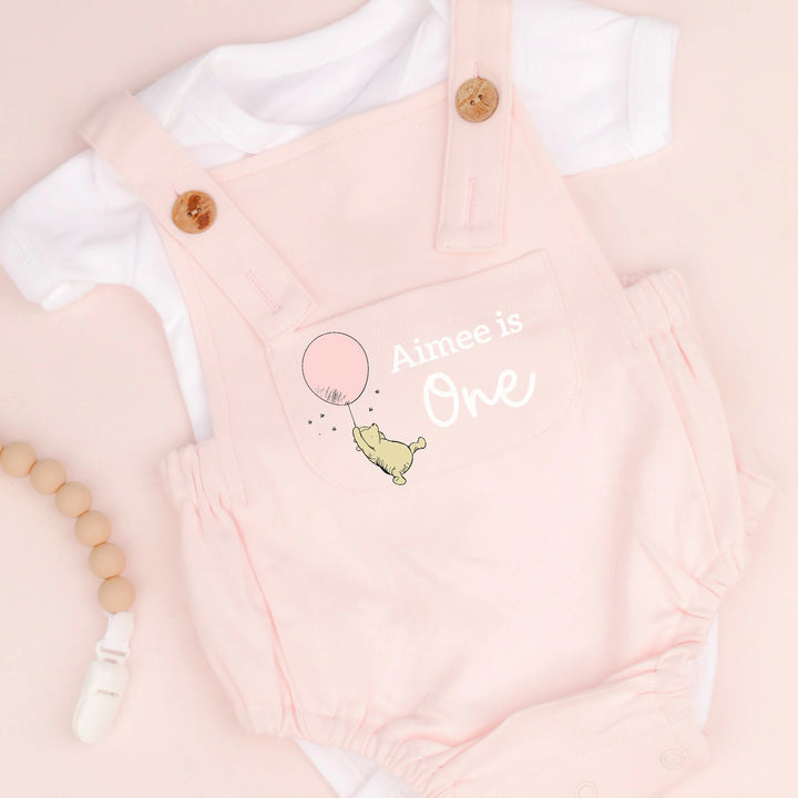 Personalised First Birthday Classic Winnie Pooh Pink Dungarees