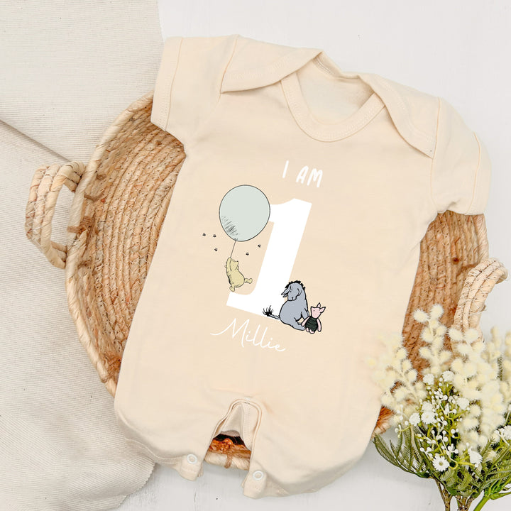 Personalised Pooh Bear Beige Birthday Romper/Vest