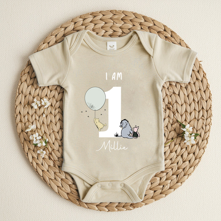 Personalised Pooh Bear Beige Birthday Romper/Vest