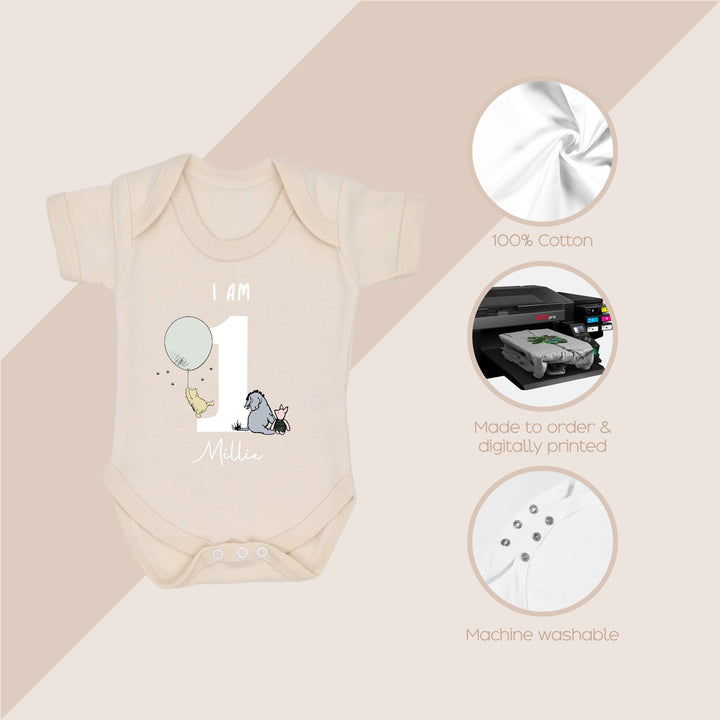 Personalised Pooh Bear Beige Birthday Romper/Vest