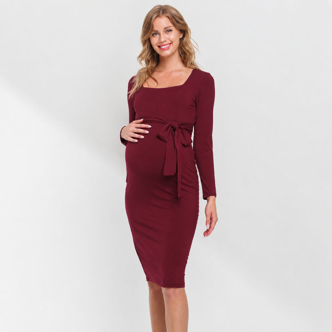 Square Neck Long Sleeve Maternity Bodycon Dress