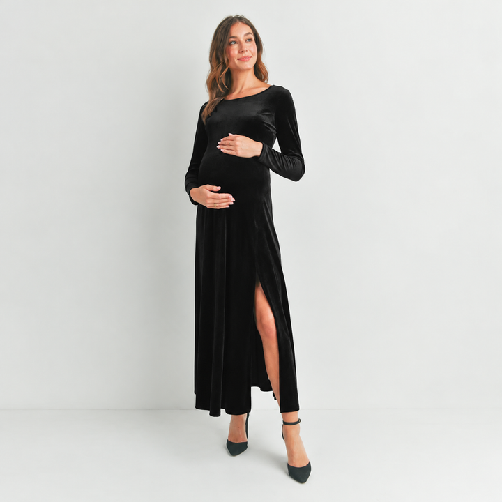 Velvet Long Sleeve Maternity Black Midi Dress