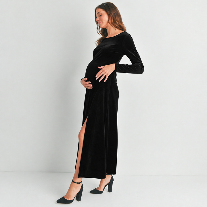 Velvet Long Sleeve Maternity Black Midi Dress