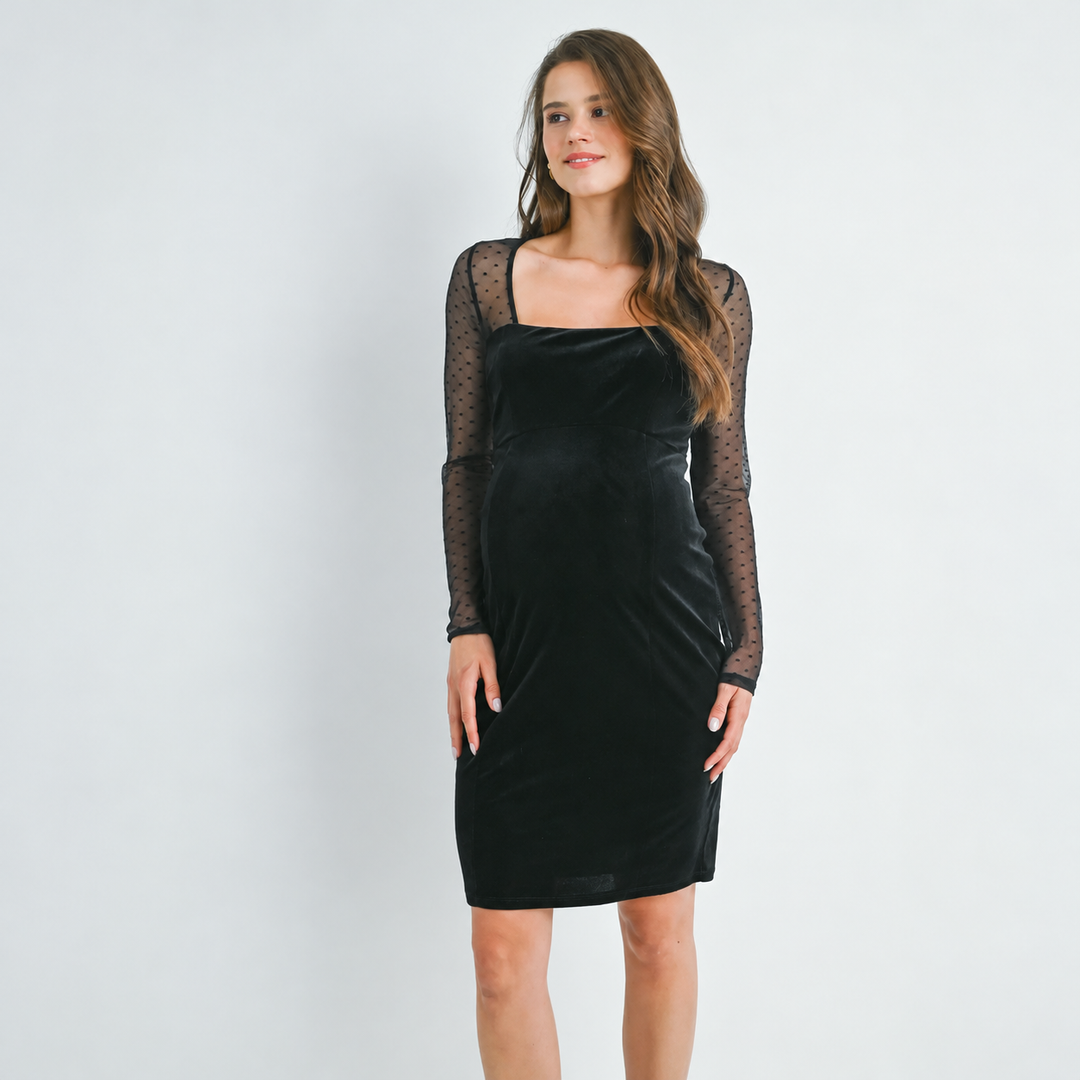 Square Neck Mesh Sleeve Black Maternity Velvet Dress