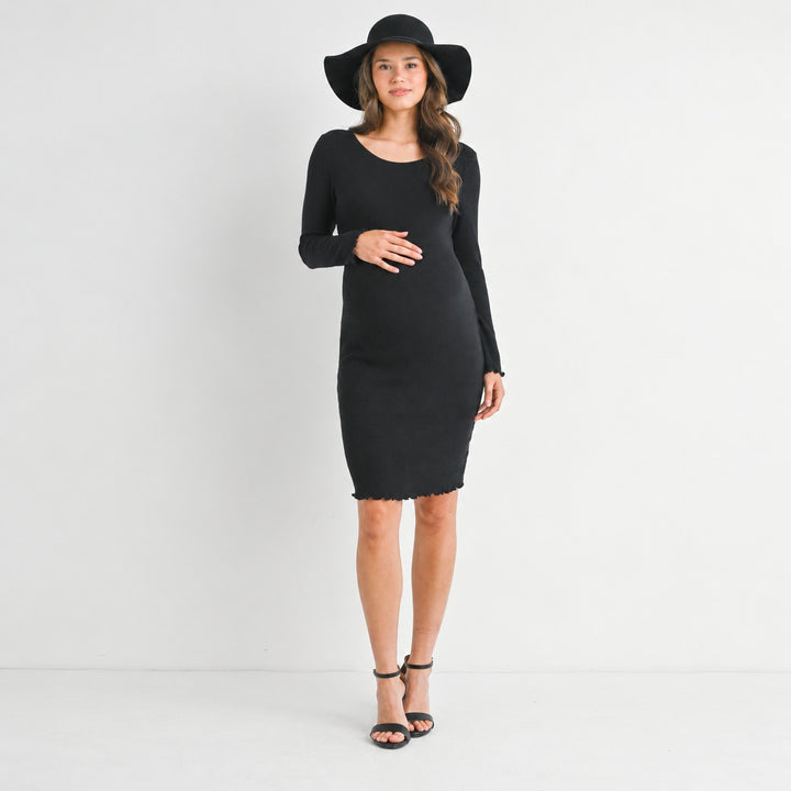 Ribbed Lettuce Edge Long Sleeve Maternity Dress