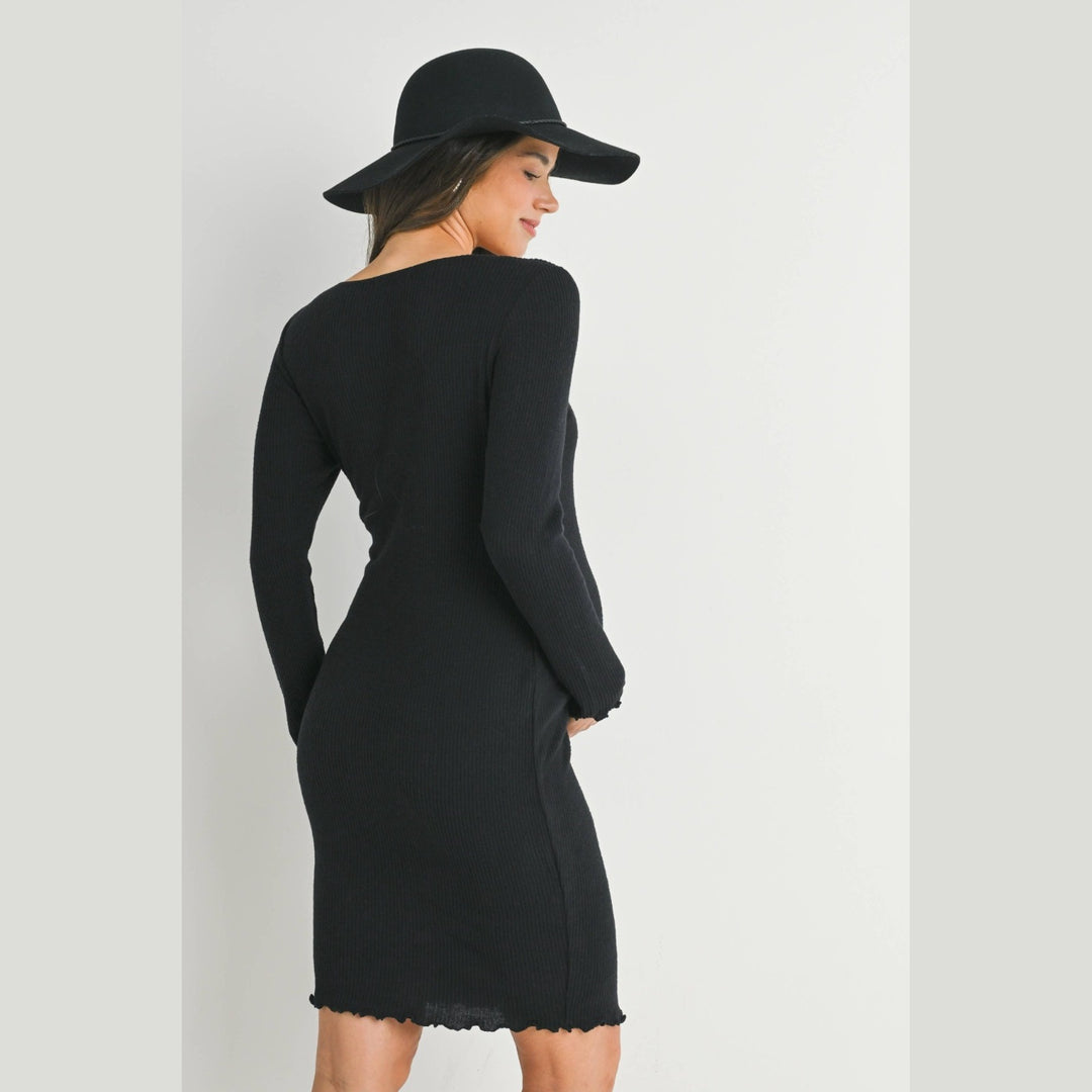 Ribbed Lettuce Edge Long Sleeve Maternity Dress