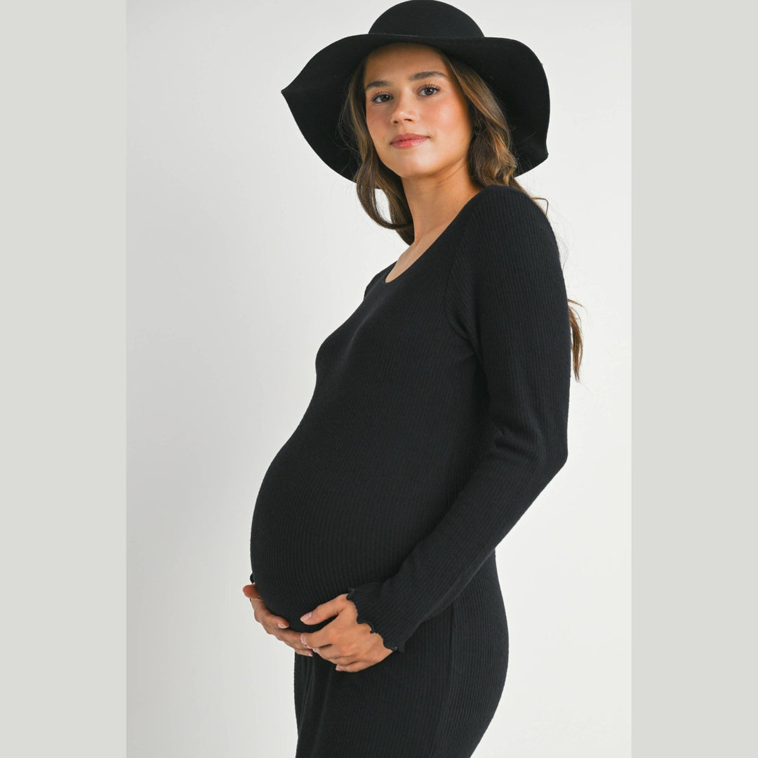Ribbed Lettuce Edge Long Sleeve Maternity Dress