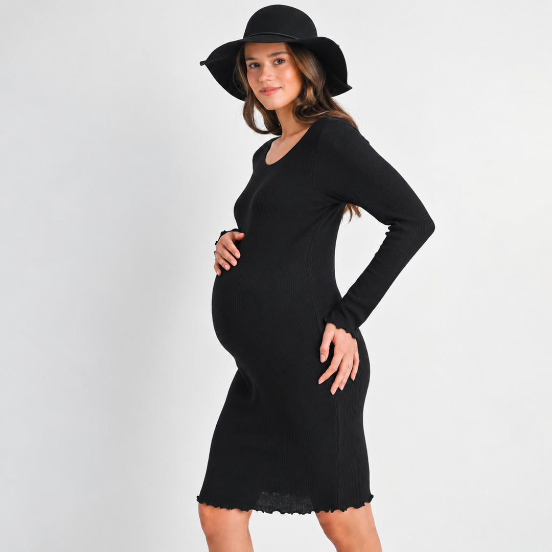 Ribbed Lettuce Edge Long Sleeve Maternity Dress