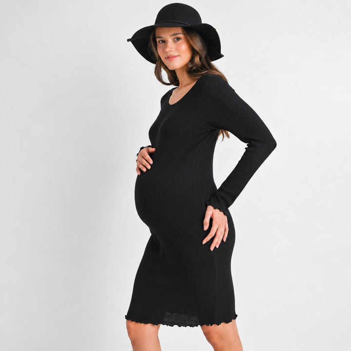Ribbed Lettuce Edge Long Sleeve Maternity Dress