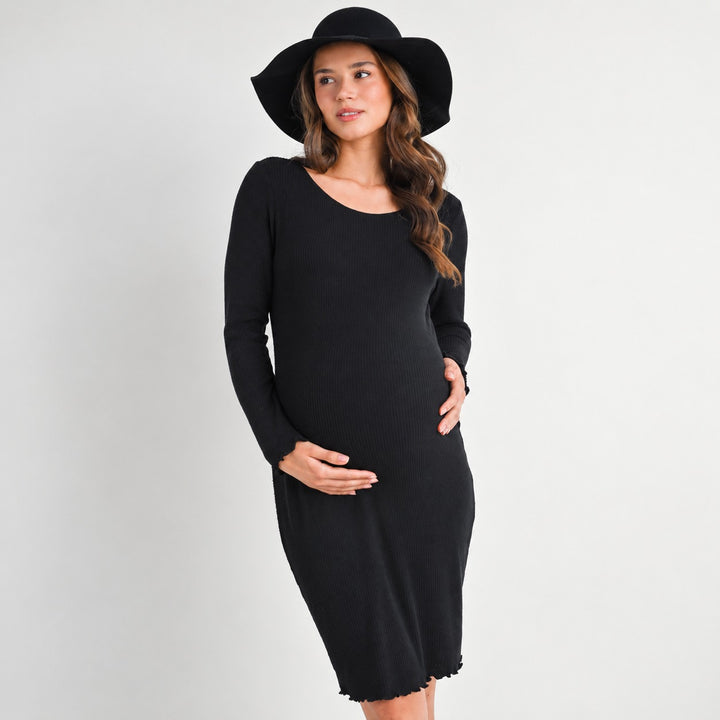 Ribbed Lettuce Edge Long Sleeve Maternity Dress