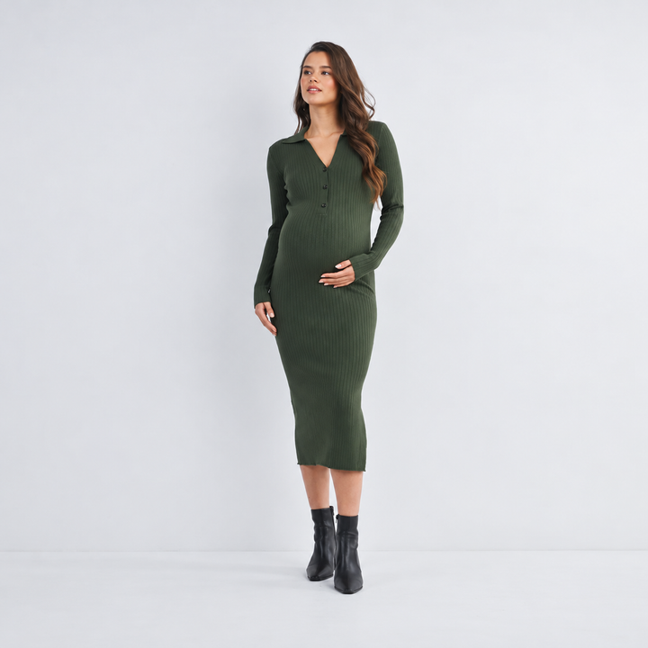 Ribbed Long Sleeve Olive Maternity Collared Midi Dress