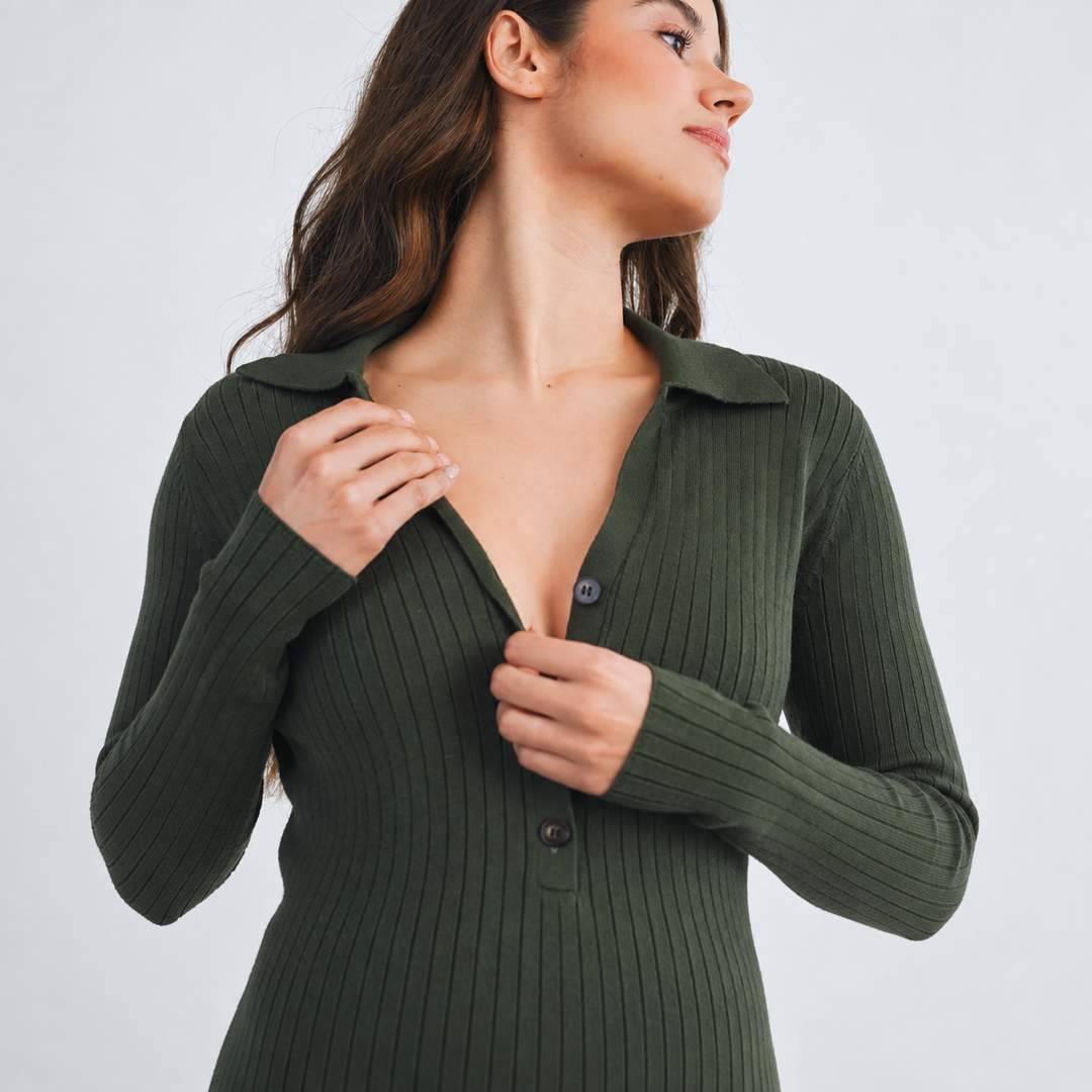 Ribbed Long Sleeve Olive Maternity Collared Midi Dress