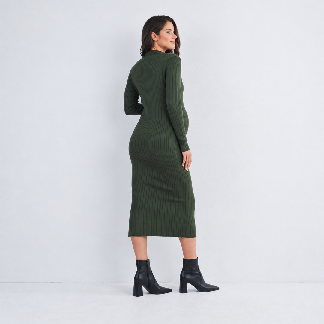 Ribbed Long Sleeve Olive Maternity Collared Midi Dress