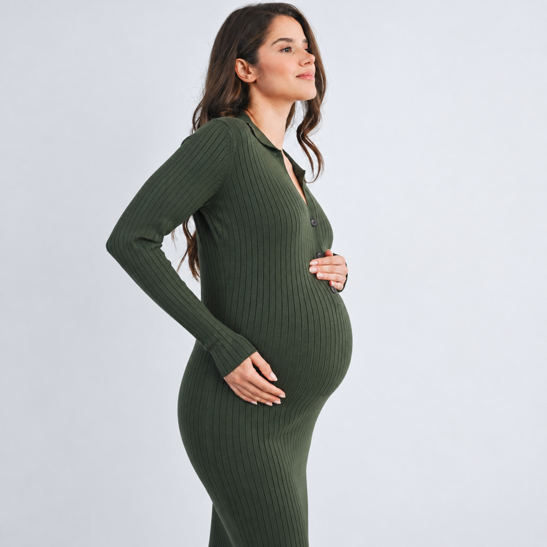 Ribbed Long Sleeve Olive Maternity Collared Midi Dress