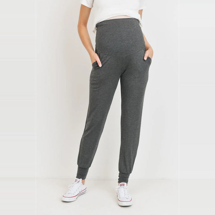Charcoal Grey Foldover Maternity Knit Joggers