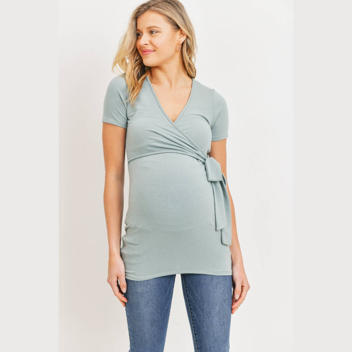 Maternity &amp; Nursing Short Sleeve Taupe Wrap Top