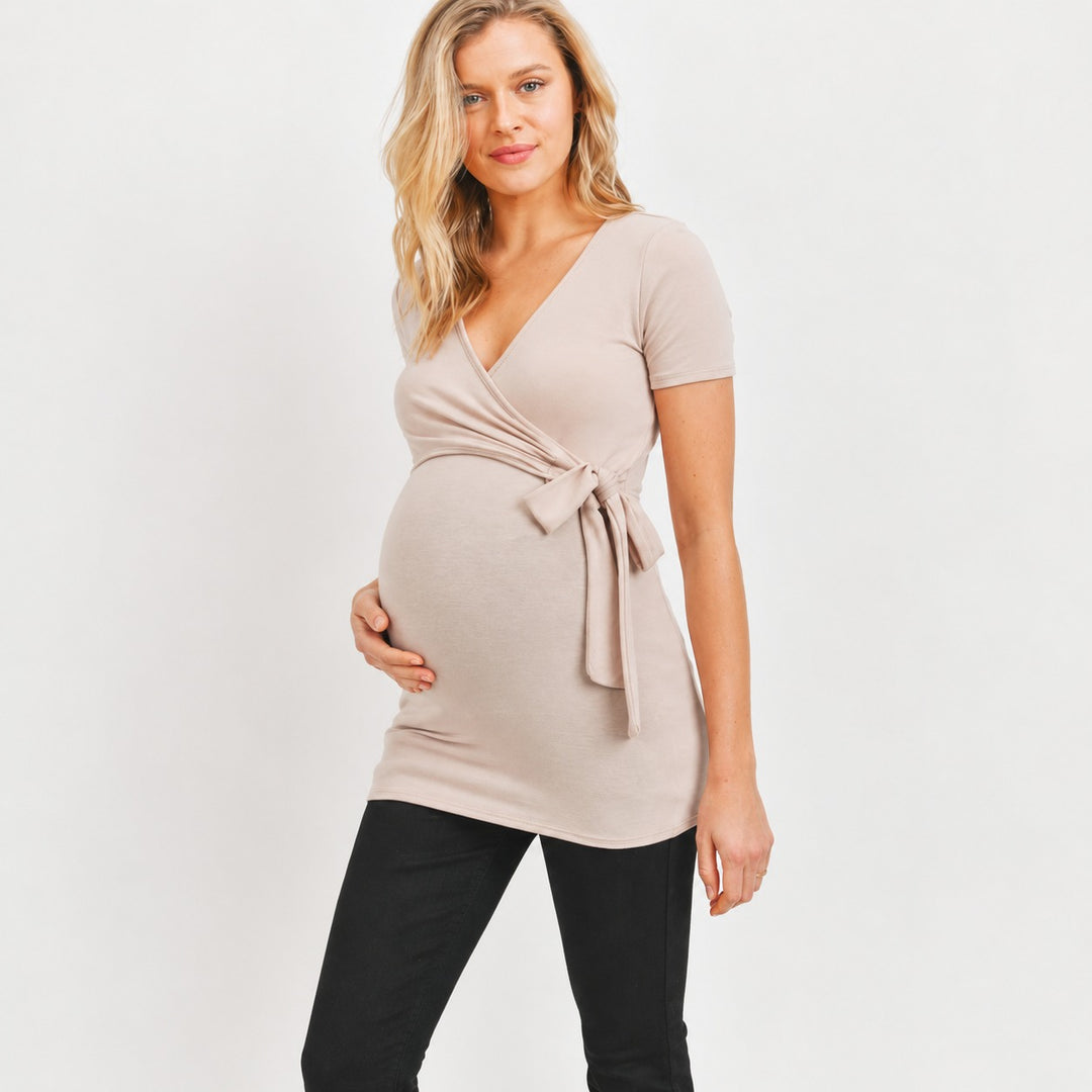 Maternity &amp; Nursing Short Sleeve Taupe Wrap Top