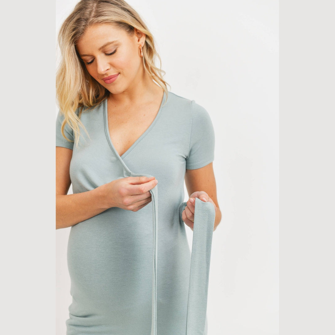 Maternity &amp; Nursing Short Sleeve Taupe Wrap Top