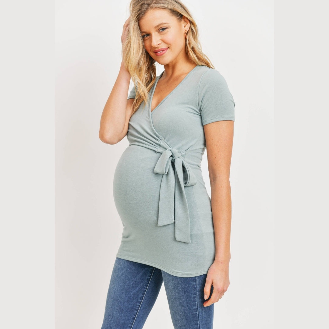 Maternity &amp; Nursing Short Sleeve Taupe Wrap Top
