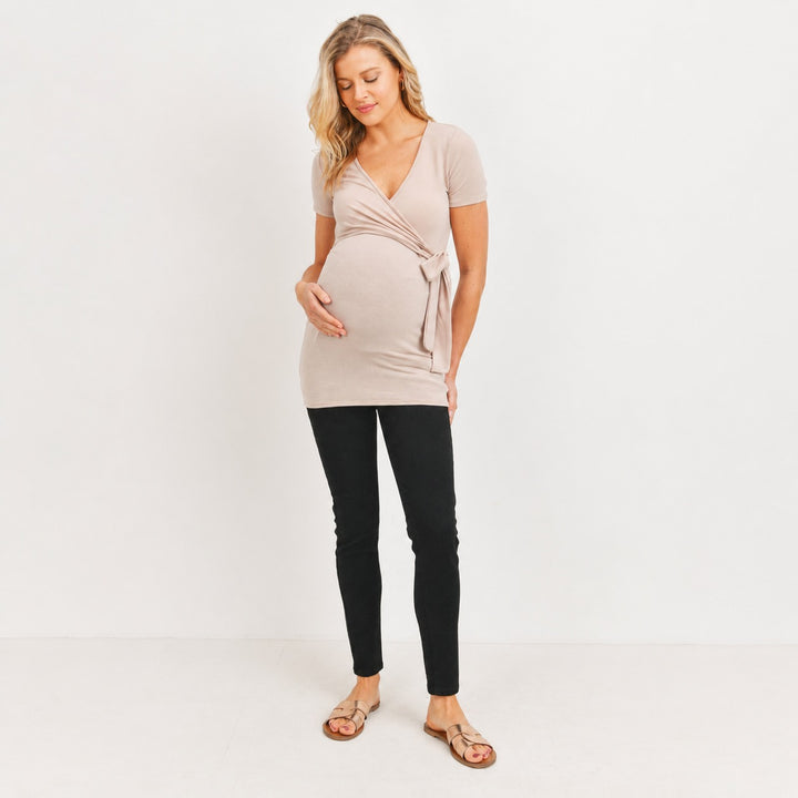 Maternity &amp; Nursing Short Sleeve Taupe Wrap Top
